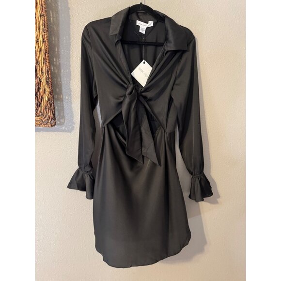 Spring & Mercer Dress L Black Long Flutter Sleeve Tie Front Cut Out NEW - Picture 12 of 16